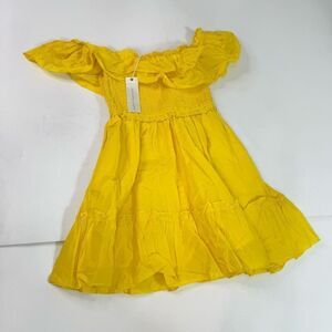 Happy Nature Dress Womens Large Kate Hudson Yellow Off Shoulder Smocked Ruffle